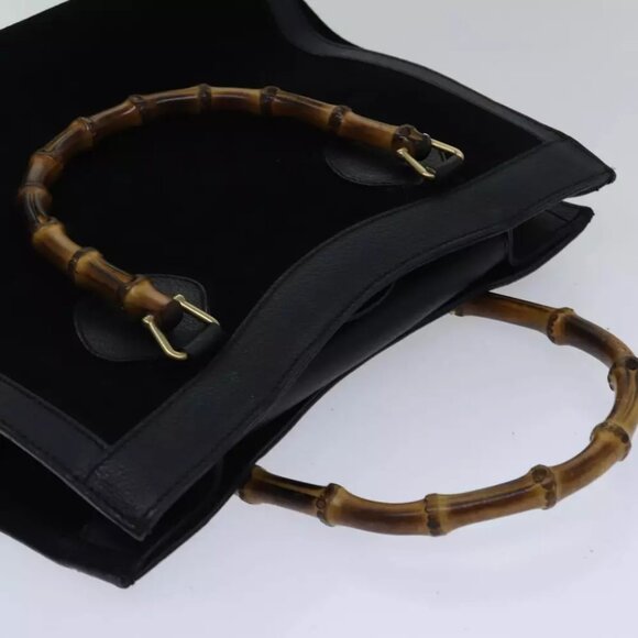 GUCCI Bamboo Hand Bag Suede Leather Black Gold 002 1186 0260 Auth ep5511 - Picture 7 of 16